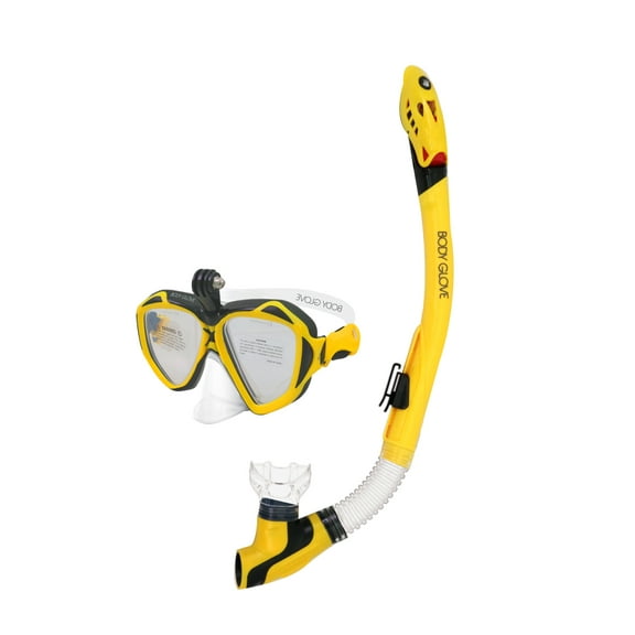 Body Glove Passage Adult Swimming Diving Mask and Snorkel Combo, GoPro Mount on Mask, Yellow