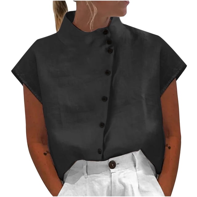 Lindbes BLVB Short Sleeve Cotton Linen Shirts for Women Button down Lapel Tops Solid Color Casual Summer Outfits 2024