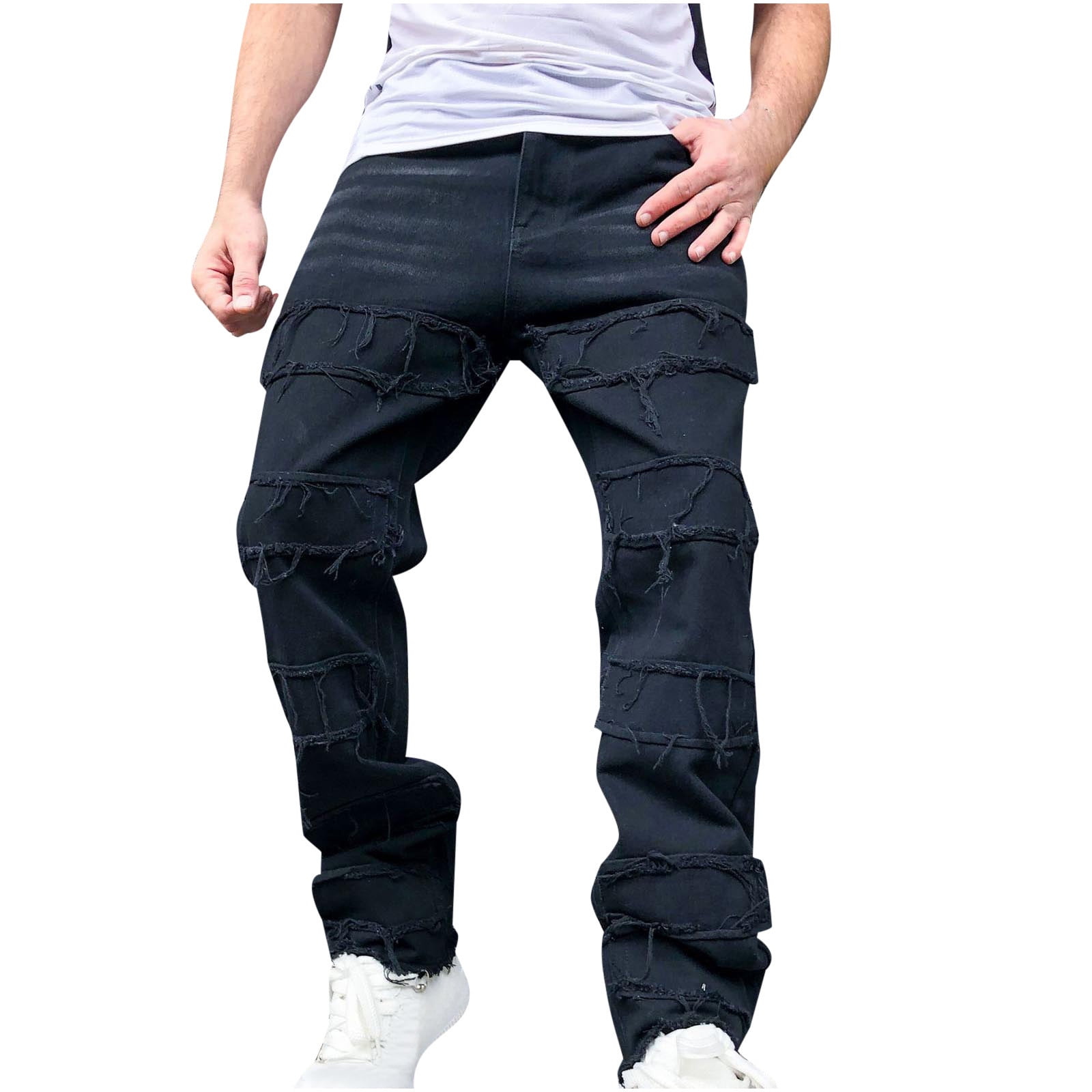 XZNGL Hommes Decontracte Denim Coton Droite Dechire Trou Pantalon Jeans Pantalon Pleine Longueur Pantalon
