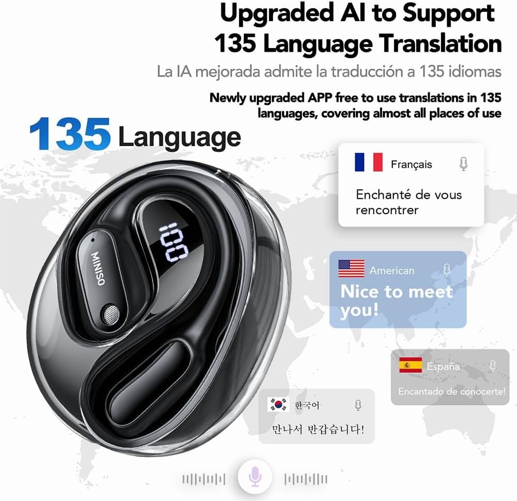 MINISO MS190 AI Translation Earbuds Real Time 135 Language Open Ear Translator Earbuds Fit iOS and Android