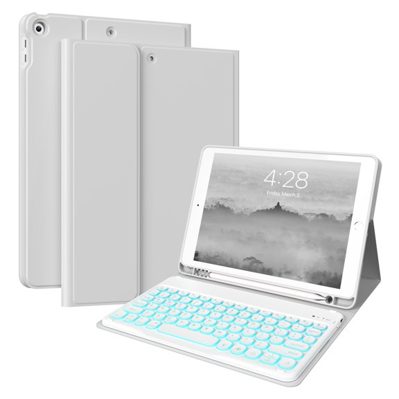 Aoub Backlit Keyboard Case for iPad 9th/8th/7th Generation 10.2 inch 2021/2020/2019 with Pencil Holder Stand Folio Detachable Wireless Bluetooth Keyboard Cover Soft TPU Back Case, Gray