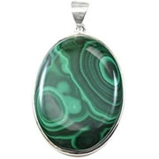 Sterling Silver Malachite Green Necklace Pendant Super Large Smooth Oval Cut Bezel Set