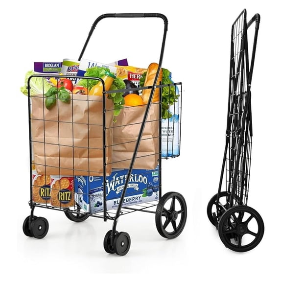 Grocery Shopping Cart, Foldable Heavy Duty Jumbo Utility Cart w/ 360° Rolling Swivel Wheels & Extra Basket, Lightweight Trolley Cart for Grocery Laundry Luggage (Black)