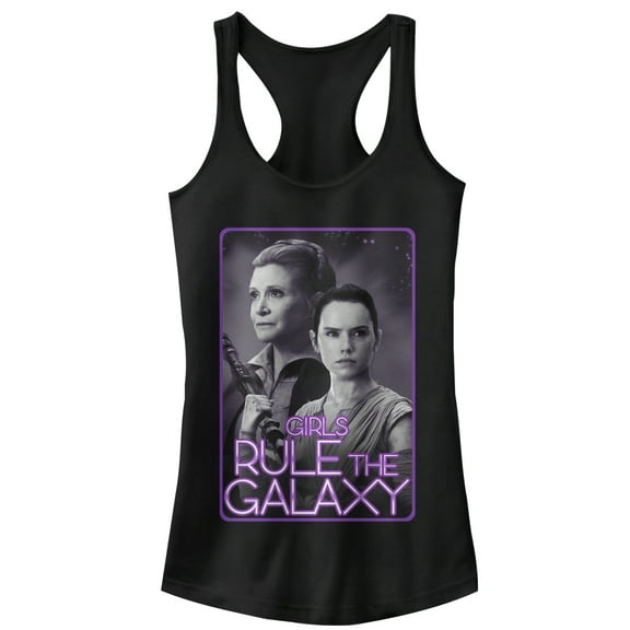 Junior's Star Wars The Force Awakens Leia and Rey Rule the Galaxy Racerback Tank Top Black X Large