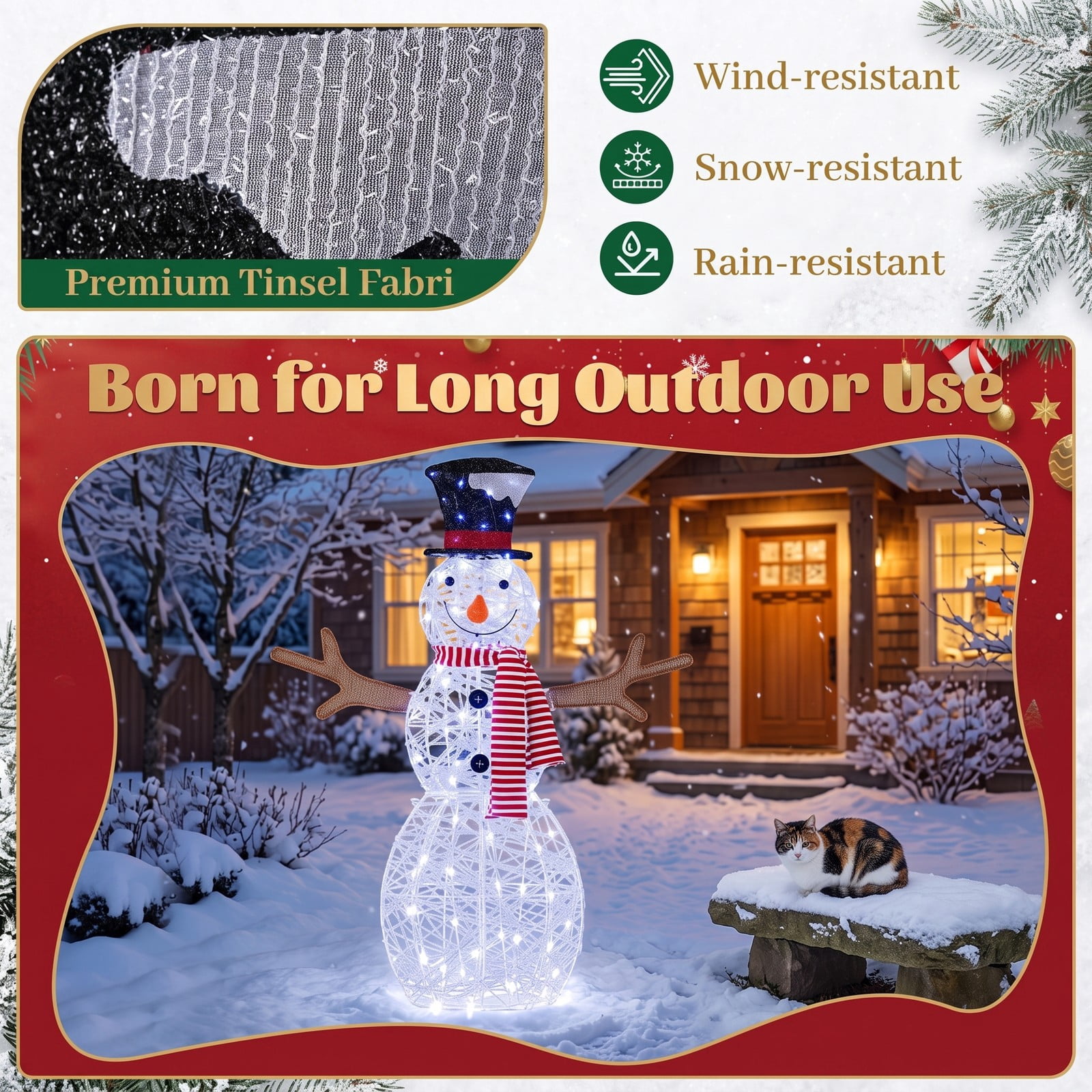 ALPULON Lighted Snowman Christmas Decoration with 80 Cold White LED Lights, Outdoor Waterproof Metal Frame Holiday Yard Decor with Ground Stakes, White