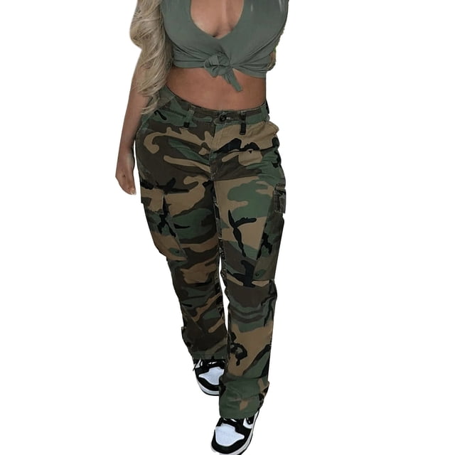 Pantalones cargo Prolriy para mujer, con 4 bolsillos, tiro bajo, cintura alta, camuflaje, estilo urbano, para verano, talla M