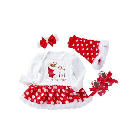 

Frontwalk Girls 4Pcs Christmas Outfits Clothes Crew Neck Leg Warmer Set Long Sleeve Fall Romper Sets Holiday Cute Headband Suits Polka Dot Style-A 59cm