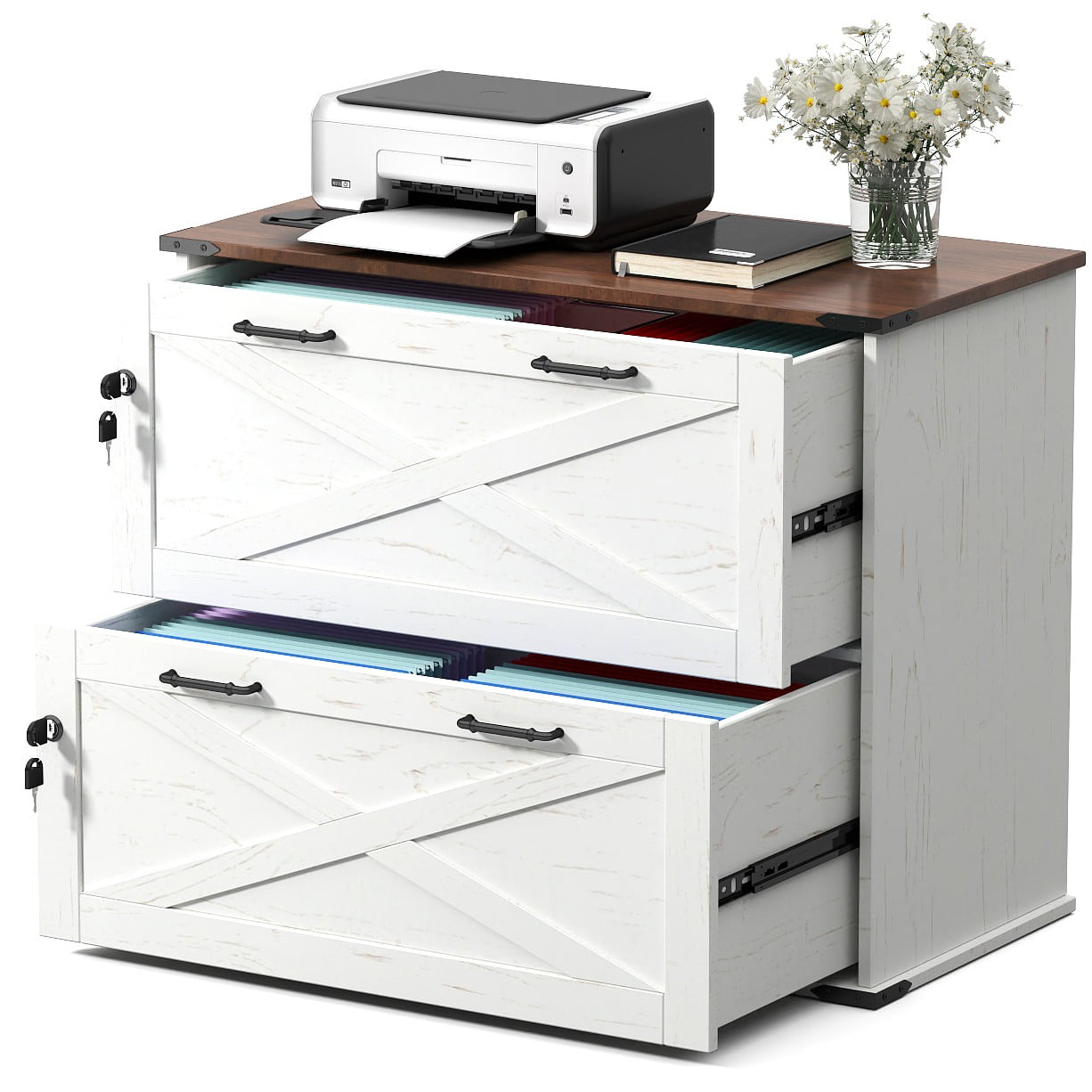 UBesGoo Farmhouse File Cabinet with 2-Drawer Wood Vertical File Storage Cabinet with Individual Lock and Rustic Metal Handles, White
