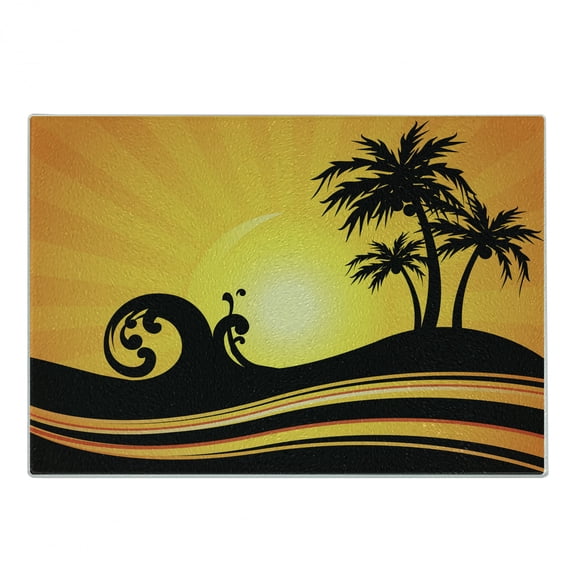 Beach Cutting Board, Summer Holiday Themed Wave and Tree Silhouette Sun Rays Tropical Composition, Decorative Tempered Glass Cutting and Serving Board, Small Size, Black Orange Yellow, by Ambesonne