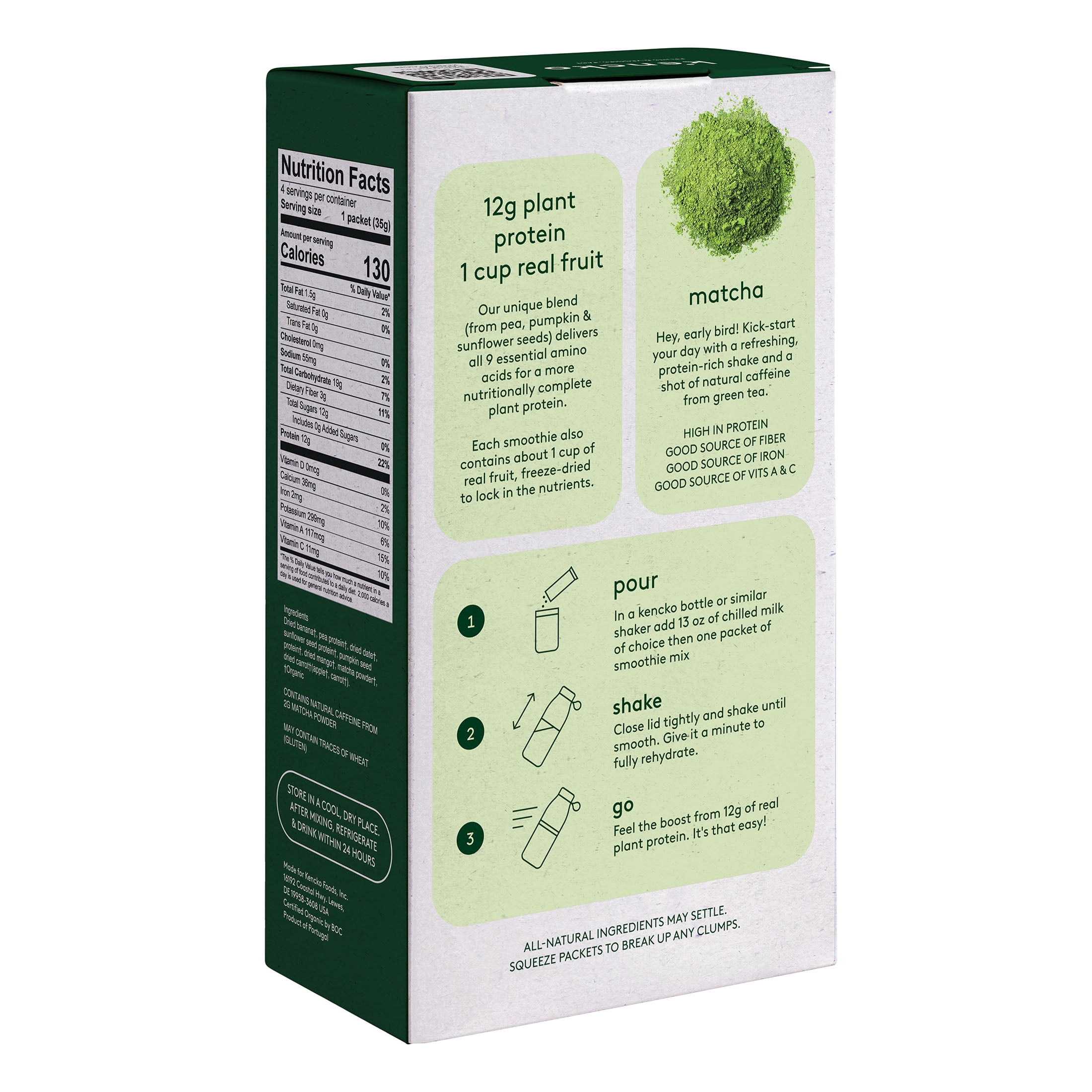 Kencko Matcha Organic Instant Fruit & Veggie Protein Smoothies, Powdered Drink Mix, 1.23 oz, 4 Pack