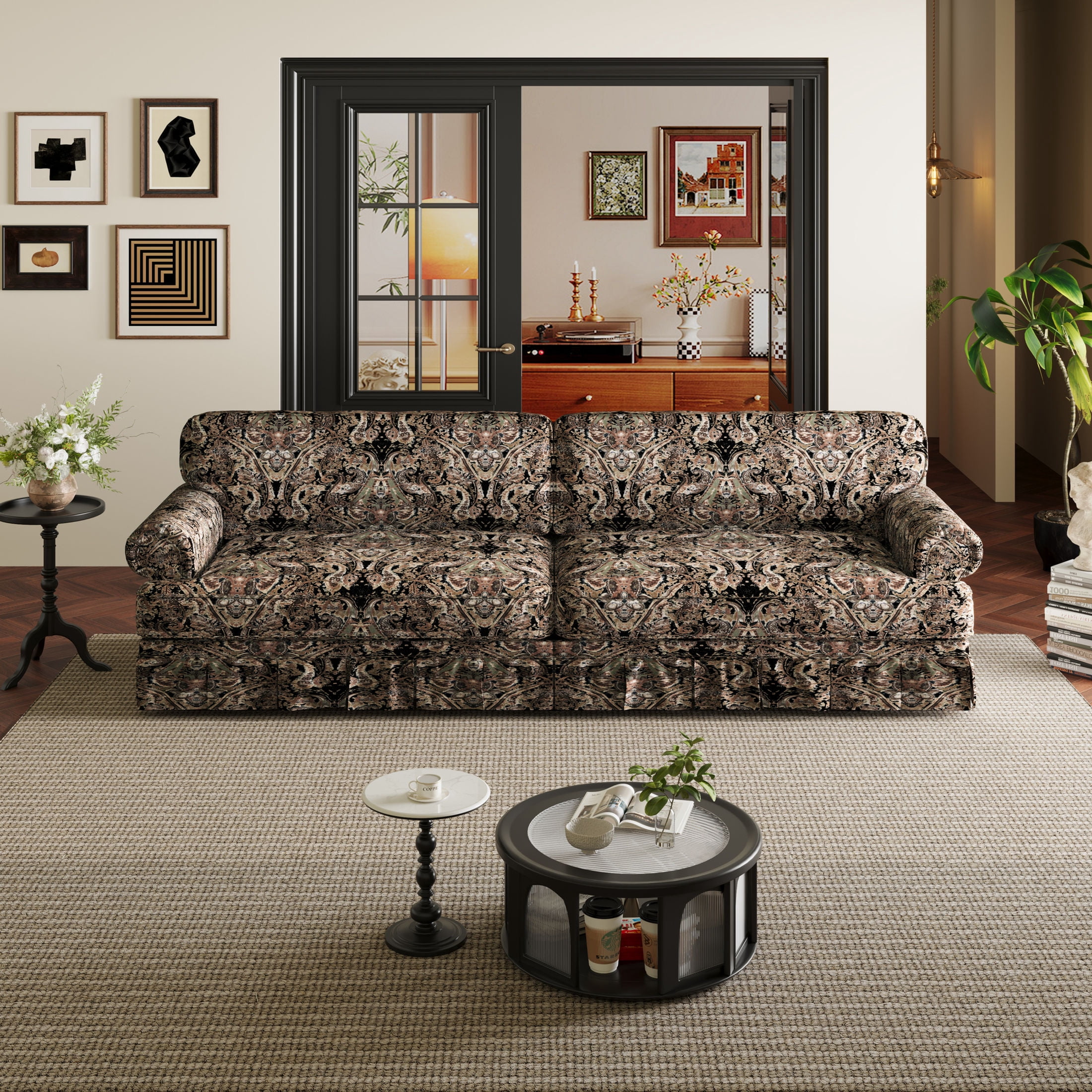 Noble House 93.7" Luxurious Floral 4-Seater Cloud Couch, Mid-Century Oxford Fabric Sofa with Pleated Skirt, Black