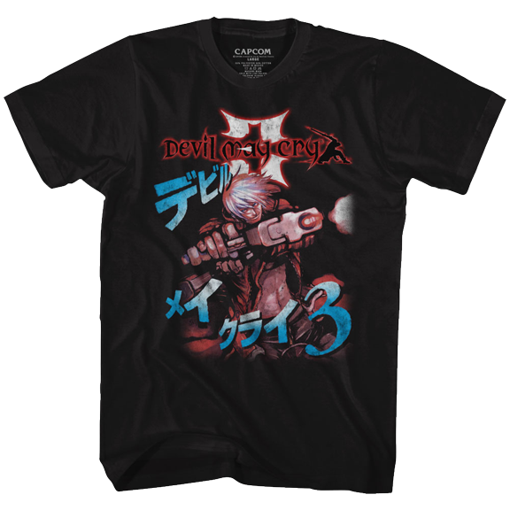 Devil May Cry 3 Mens T-Shirt -Dante Gun Pose Over Japanese Characters (Small)