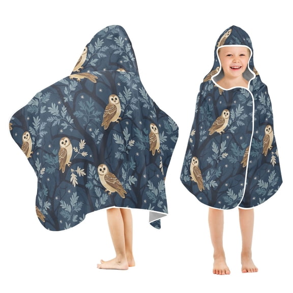 Yayeee Kids Hooded Towel with Hand Pockets Beach Soft Absorbent Bath Wrap 50 x 23.5 inch, Blue Cartoon Owl Pattern