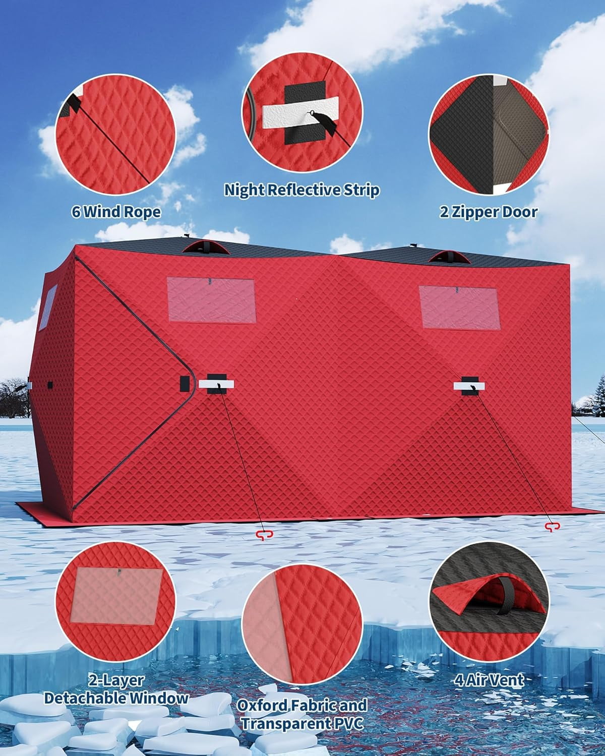 Lumiparty Pop Up Ice Fishing Tent Fully Insulated, Portable 6-8 Person Ice Fishing Shelter, Waterproof Oxford Fabric, Winter Windproof Hut Snow Hub with Anchors, Ropes & Carry Bag, Red & Black