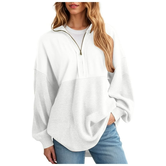 larppty Womens Fall Sweatshirt Casual Waffle Knit Half Zip Pullover Loose Long Sleeve Tops Fashion Clothes (White, M)