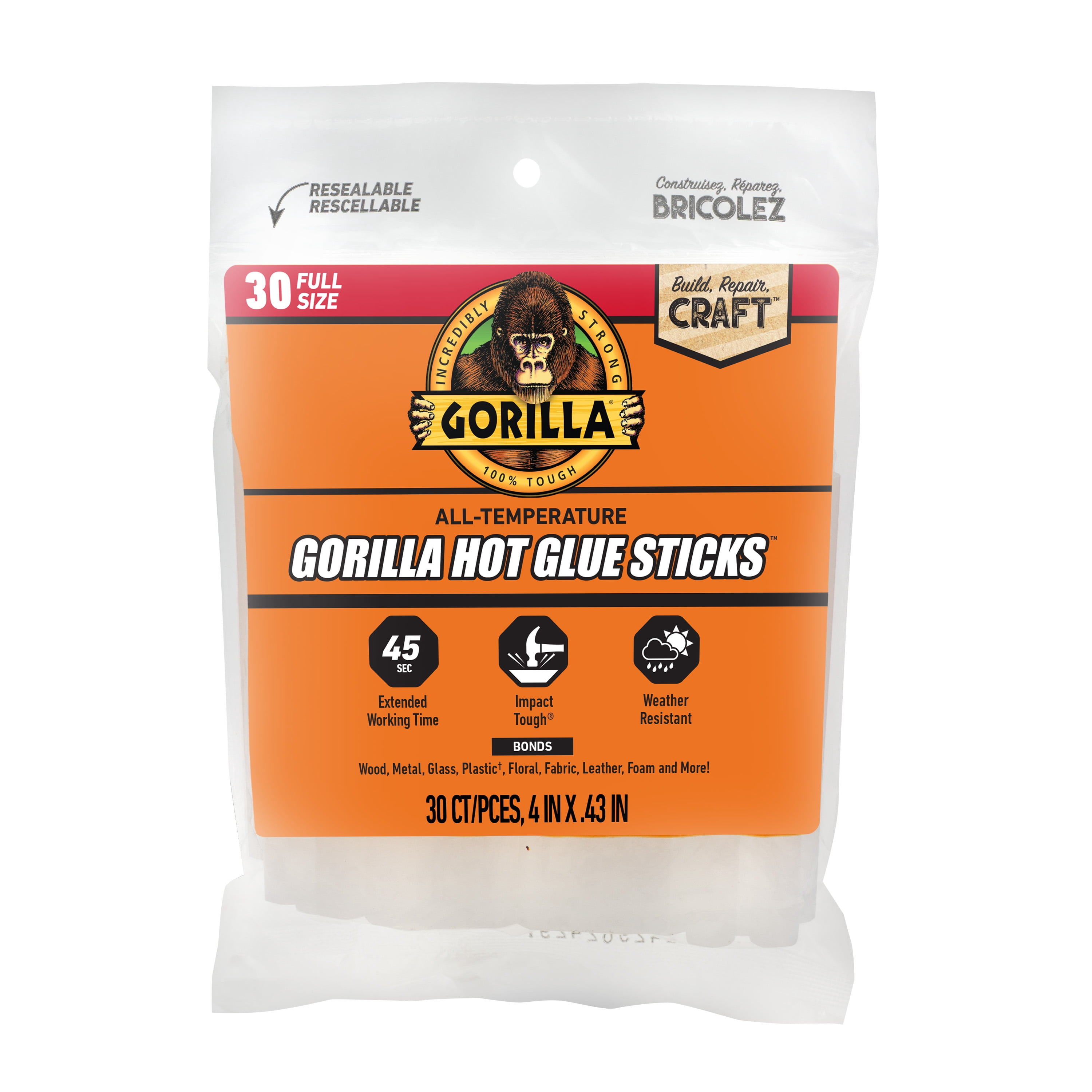 (3 pack) Gorilla Glue Clear 4 inch Dual Temp Full-Size Hot Glue Sticks, 30 Count