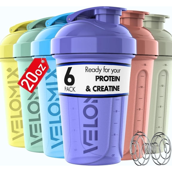 VELOMIX Leak Proof Protein Shaker Bottle with Wire Whisk, 6 Pack, 20 fl oz, Nature Tones