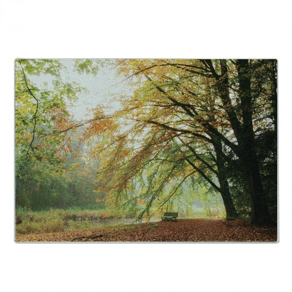 Forest Cutting Board, Autumn View in a Forest with Faded Color Leaves European Northern Dutch Fall Image, Decorative Tempered Glass Cutting and Serving Board, Small Size, Orange Green, by Ambesonne