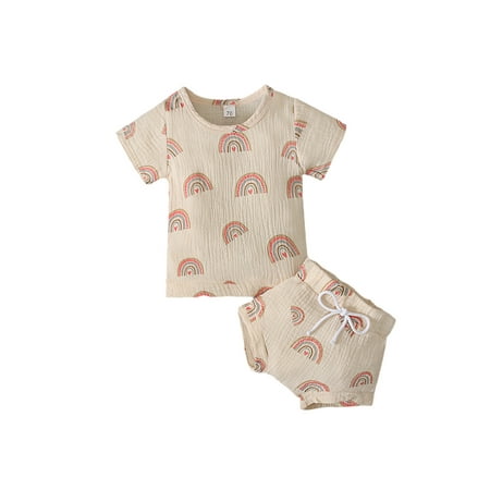 

QILINXUAN 2Pcs Toddler Summer Outfit Print O-Neck Short Sleeves T-Shirt + Shorts Set for Baby Girls Boys 3 Months to 3 Years