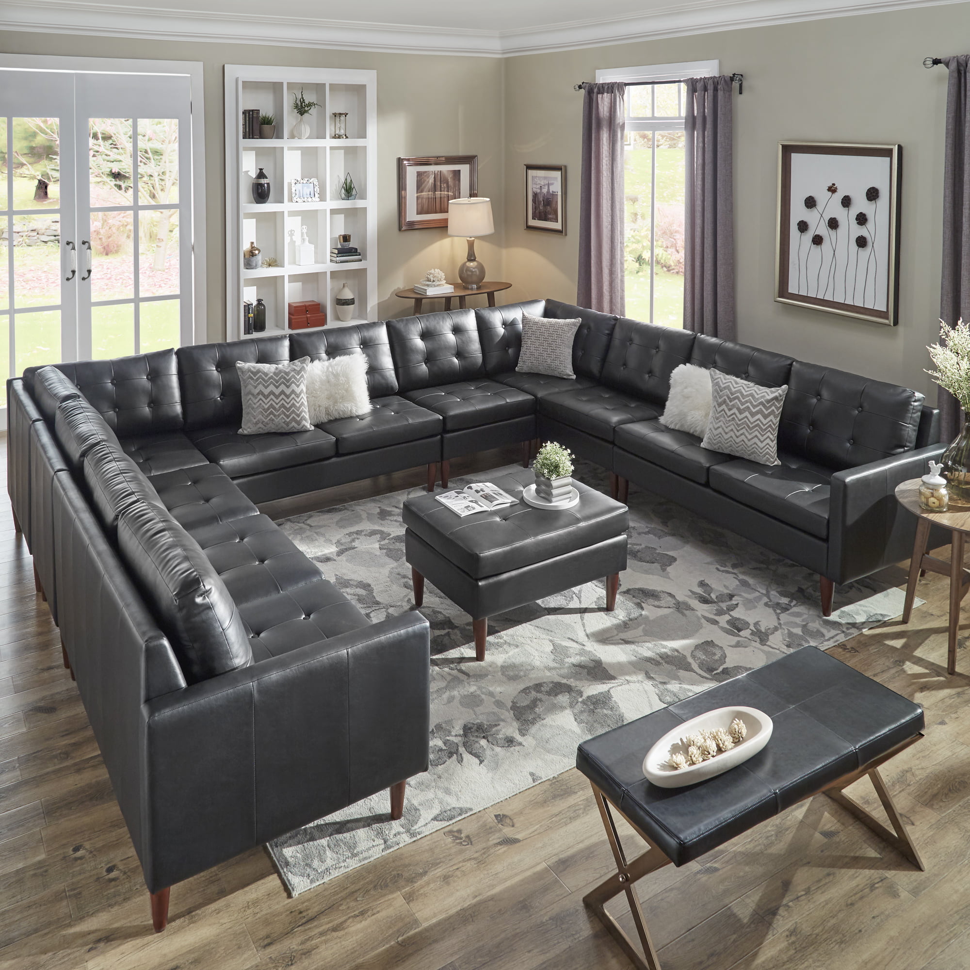 Weston Home Gilly On Tufted Black, Leather U Shaped Sectional