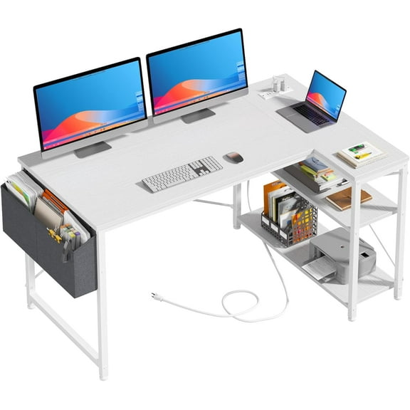 CRXX 48 Inch L Shaped Desk with Storage Shelves & Side Bag, Computer Desk with Power Outlets, Reversible Corner desks with X-Shaped Support for Bedroom, Home Office-48 Inch-White