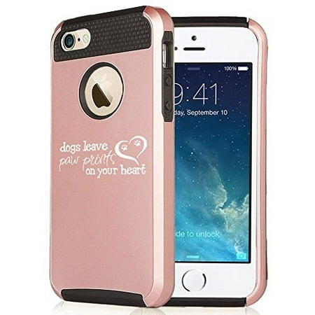 For Apple iPhone SE Rose Gold Shockproof Impact Hard Soft Case Cover Dogs Leave Paw Prints On Your Heart (Rose