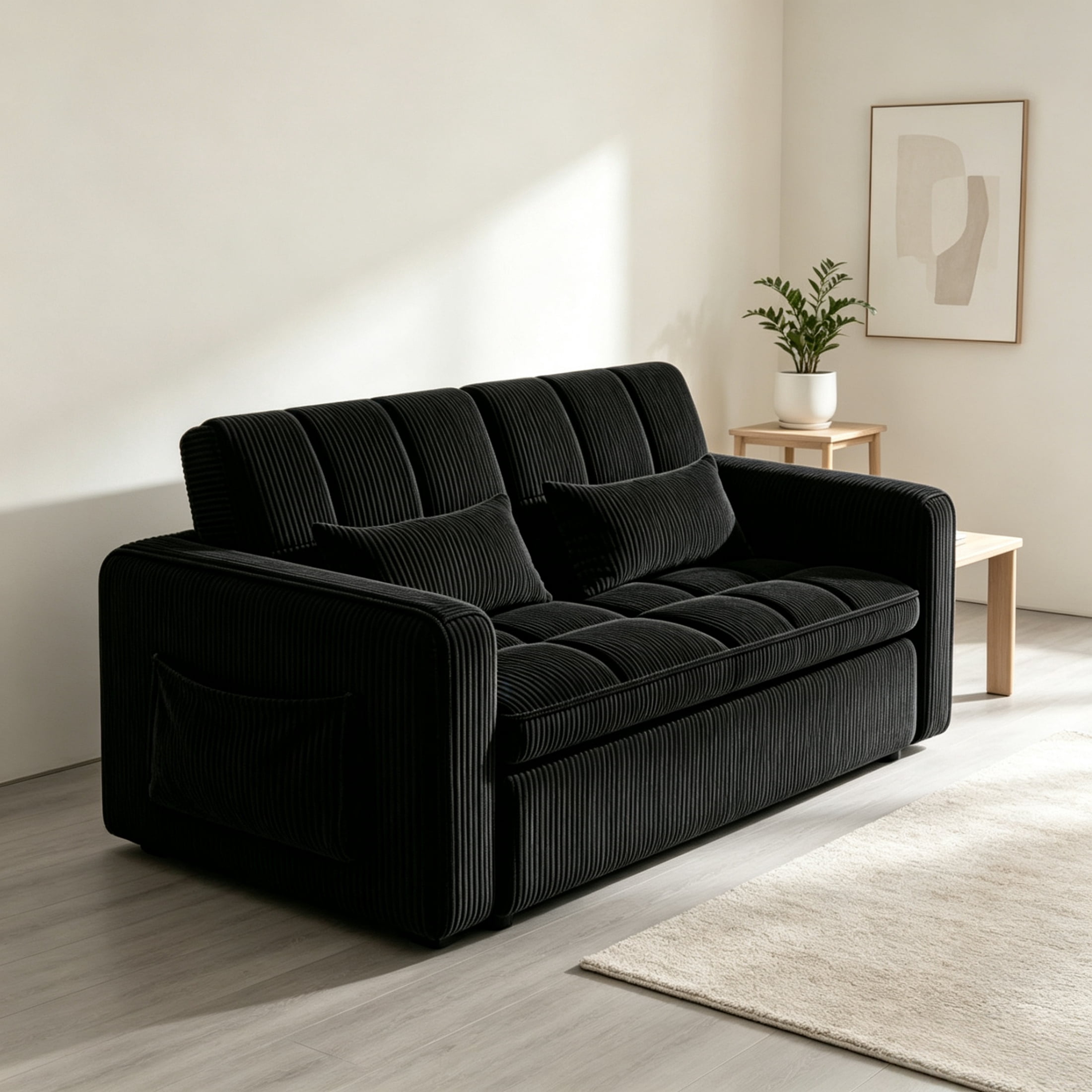 Anpport 55" Striped Corduroy Loveseat, Convertible Sleeper Sofa Bed for Small Spaces, Black