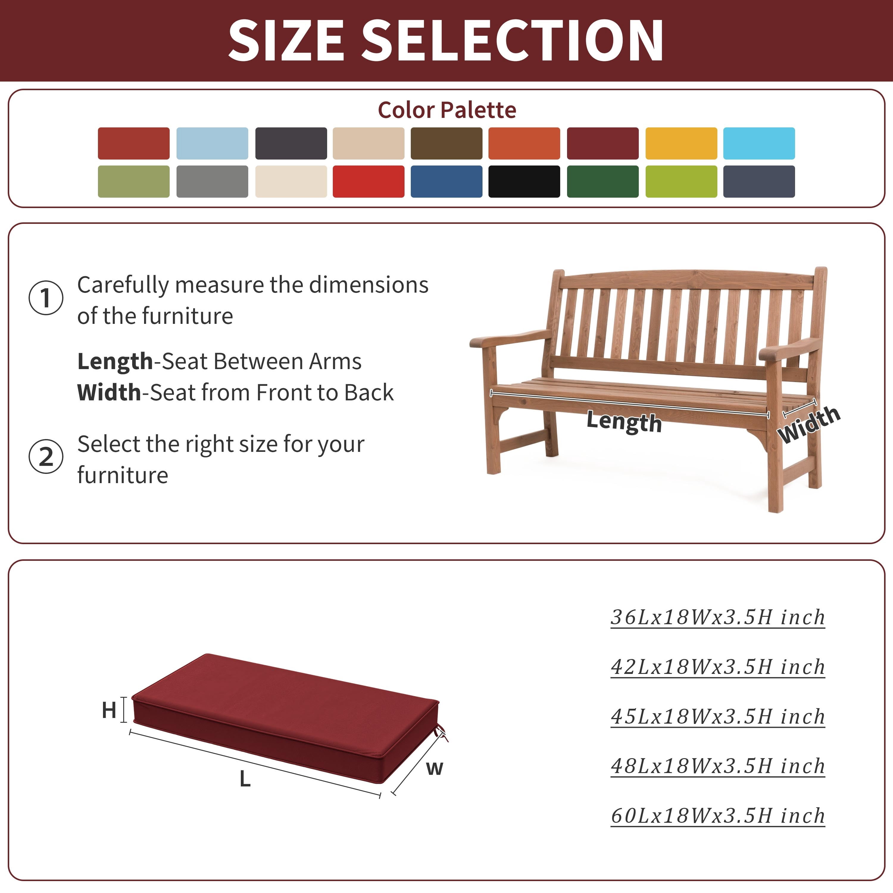 Kimunuk 36" x 18" x 3.5" Outdoor Bench Cushion Patio Furniture Replacement Cushion with Ties for Porch Swing Loveseat, Burgundy