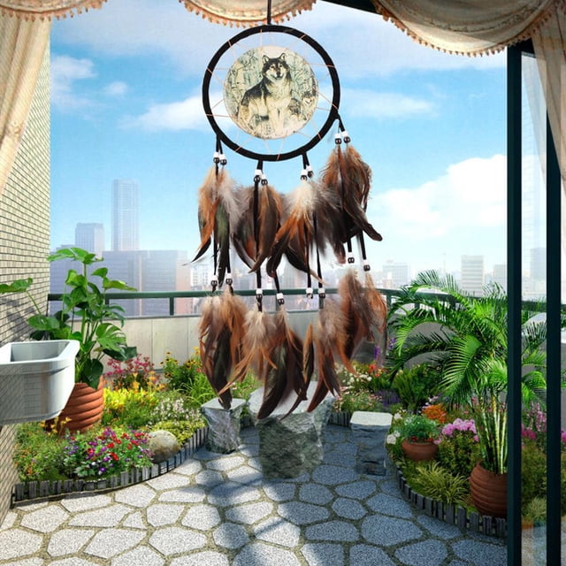 Wolf Totem Dream Catcher Adorno de decoración colgante de cuentas de plumas