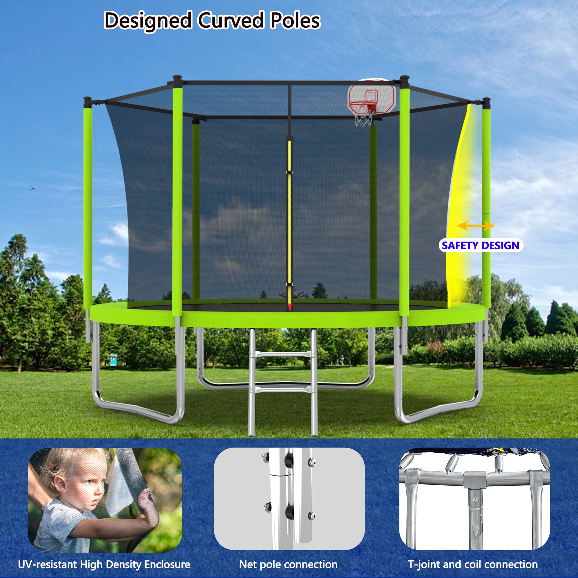 10FT Trampoline for Kids,Outdoor Trampoline with Basketball Hoop,Heavy-Duty Trampoline with Safety Enclosure Net,Green