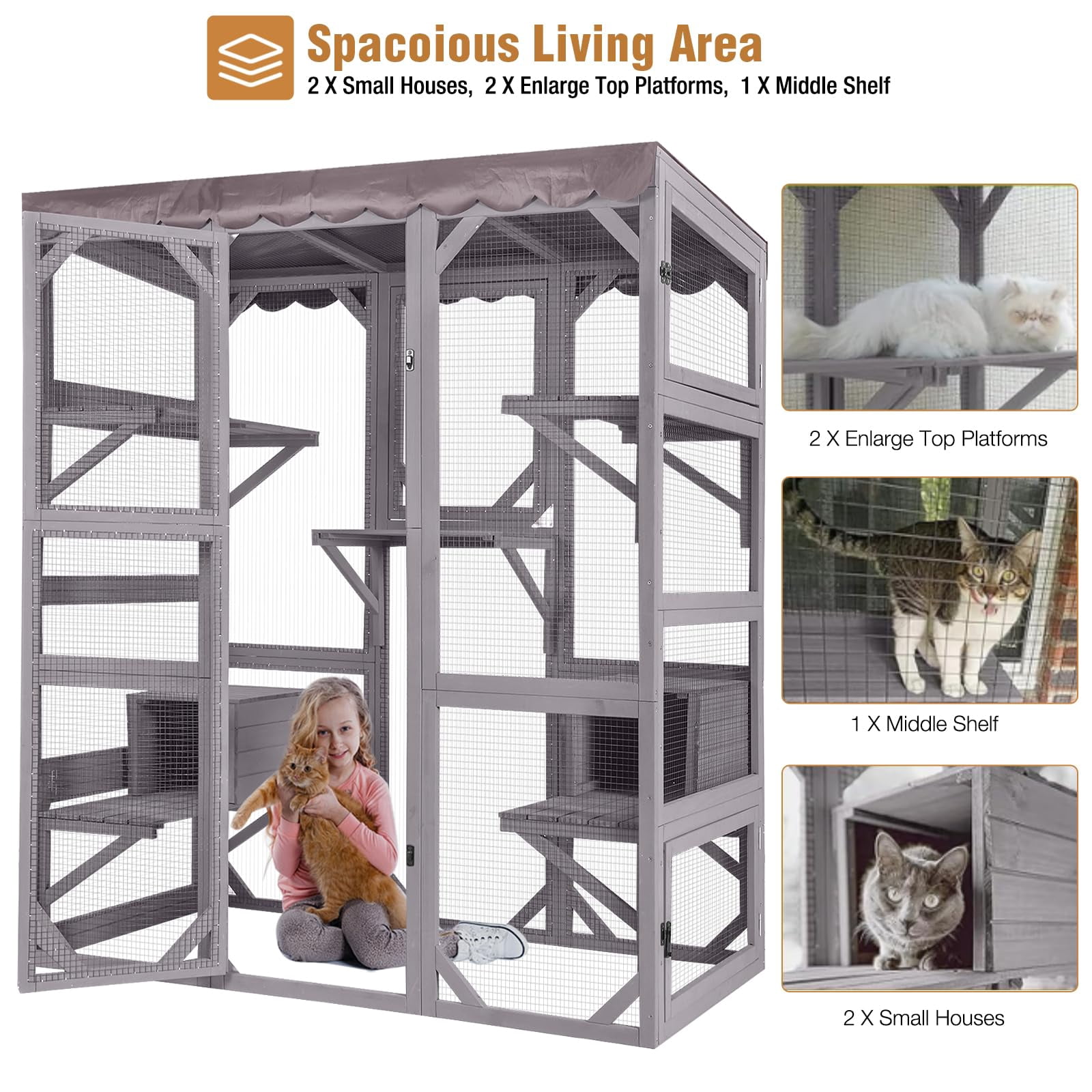 Wooden Outdoor Cat Enclosure with Condos and Waterproof Roof, Large Walk-in Catio for Multiple Cats, Indoor Shelter with Jumping Platforms, Grey
