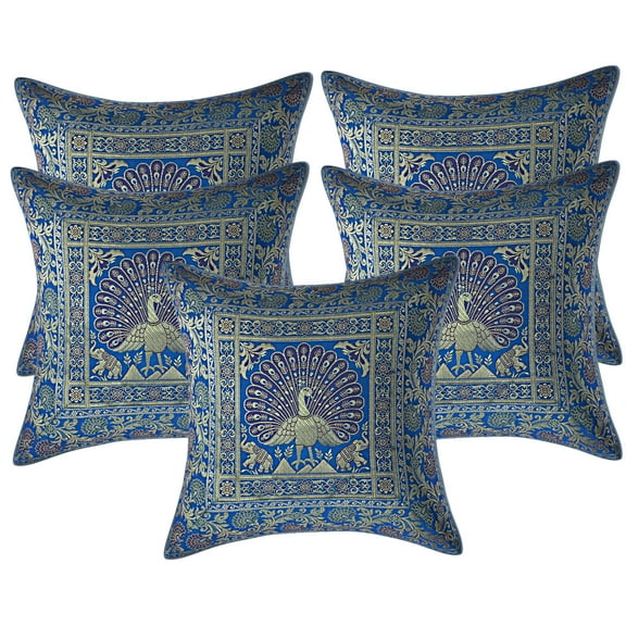 Stylo Culture Indian Decorative Sofa Brocade Turquoise And Gold Throw Pillow Covers 40x40 cm Jacquard Weave Banarasi Throw Pillow Cases Dancing Peacock Floral 16x16 Cushion Covers (Set Of 5)