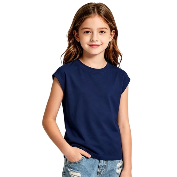 Girls Solid Short Sleeve T Shirts for Kids Summer Casual Basic Tee Round Neck Everyday Wear for School and Outdoor Activities, 13-14 Years, Navy