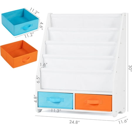 Kids Bookshelf with Storage Bins, 4-Tier Toddler Sling Bookshelf for Nursery Living Room Bedroom White