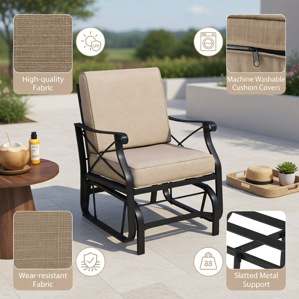 Hommoo Patio Glider Rocking Chair with Black Metal Frame, Thick Breathable Cushions & Smooth Quiet Glide, Outdoor Porch, Deck or Backyard Seating, Beige