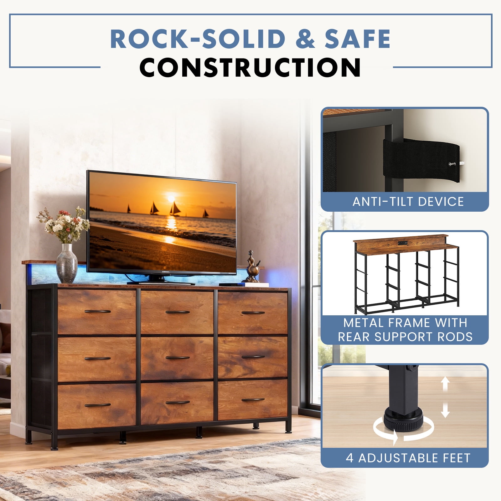 edx 9-Drawer Fabric Dresser TV Stand, Multifunctional Storage Cabinet with Power Outlets & LED Light, Rust