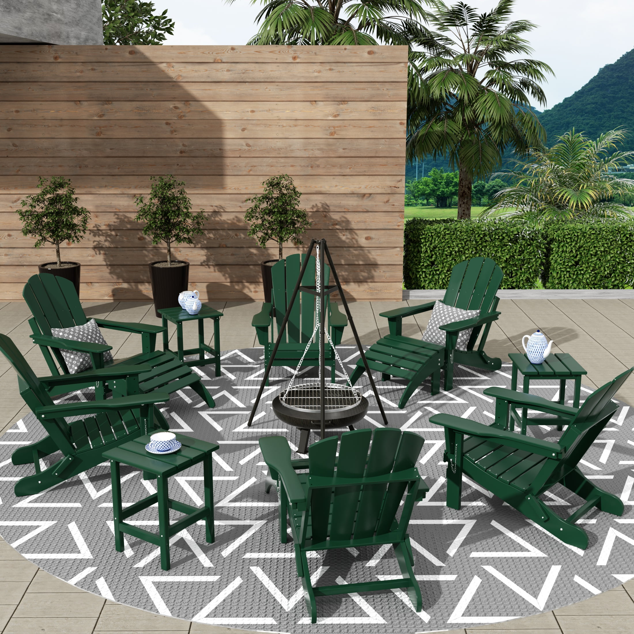 WestinTrends Malibu 12 Piece Adirondack Chairs Set, All Weather Poly Lumber Outdoor Patio Furniture Set Adirondack Chairs with Ottoman and Side Table, Dark Green