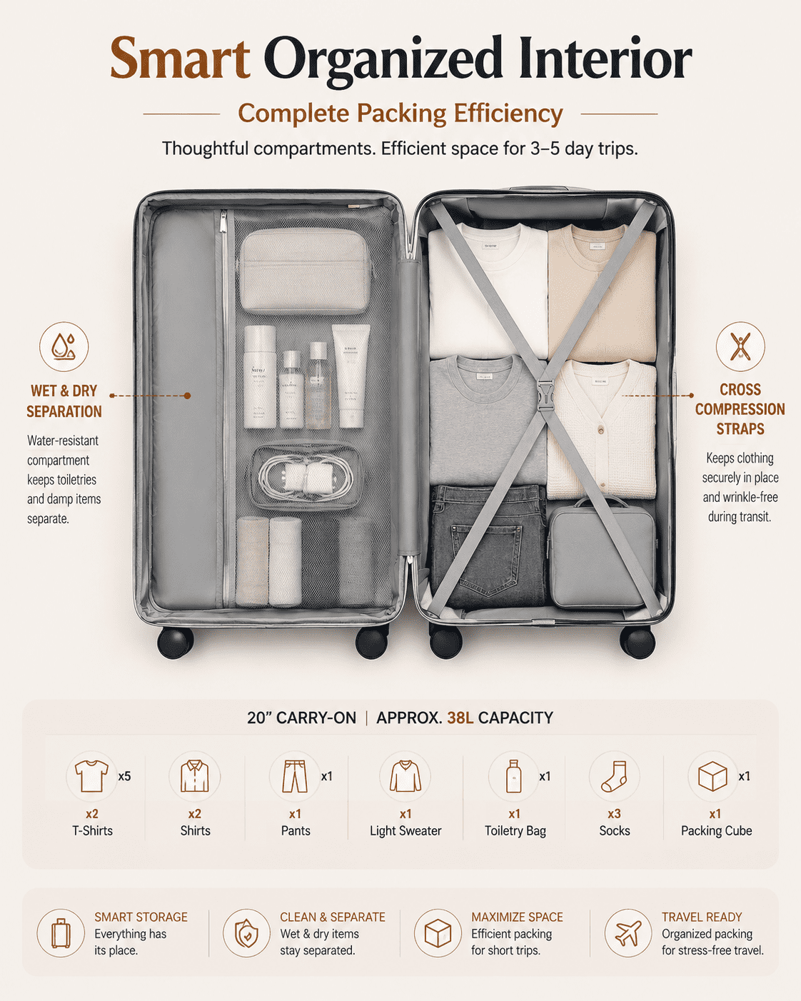 3 Piece Set Carry-On Airline Approved Luggage,Hardside TSA Lock Spinner Suitcase with Travel Bag and Toiletry Bag,Black - FX-Lite