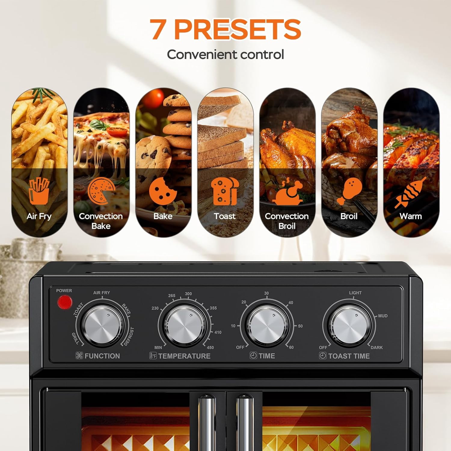 PlumChef 26QT Large capacity French Double-Door Air Fryer Convection Toaster Oven, 1700W, 7 Preset Menus, 7-in-1 Multi-Function for Bake, Roast, Grill, Toast, Dehydrate Defrost, Stainless Steel,Black