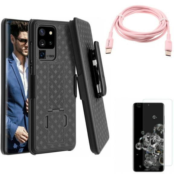 Screen Protector w Case Belt Clip w Pink 6ft Long Cable for Samsung Galaxy S20 Ultra - Tempered Glass [Fingerprint Unlock] 3D Curved Edge, Holster Swivel Cover, USB-C to Type-C fits Galaxy S20 Ultra