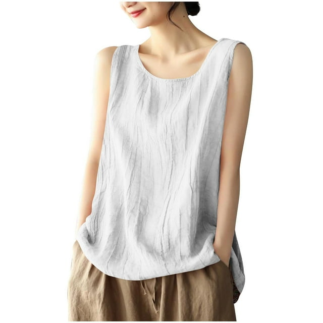 UPPADA Tank Tops for Women Cotton Line Plus Size Summer Tees Solid Color Shirts Square Neck Loose Fit Tank Tops White,L