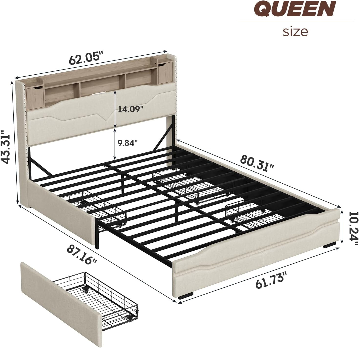 Vabches Queen Bed Frame with LED Lights & Charging Station, Upholstered Headboard Bed with 4 Large Storage Drawers & Metal Support Base, No Box Spring Needed