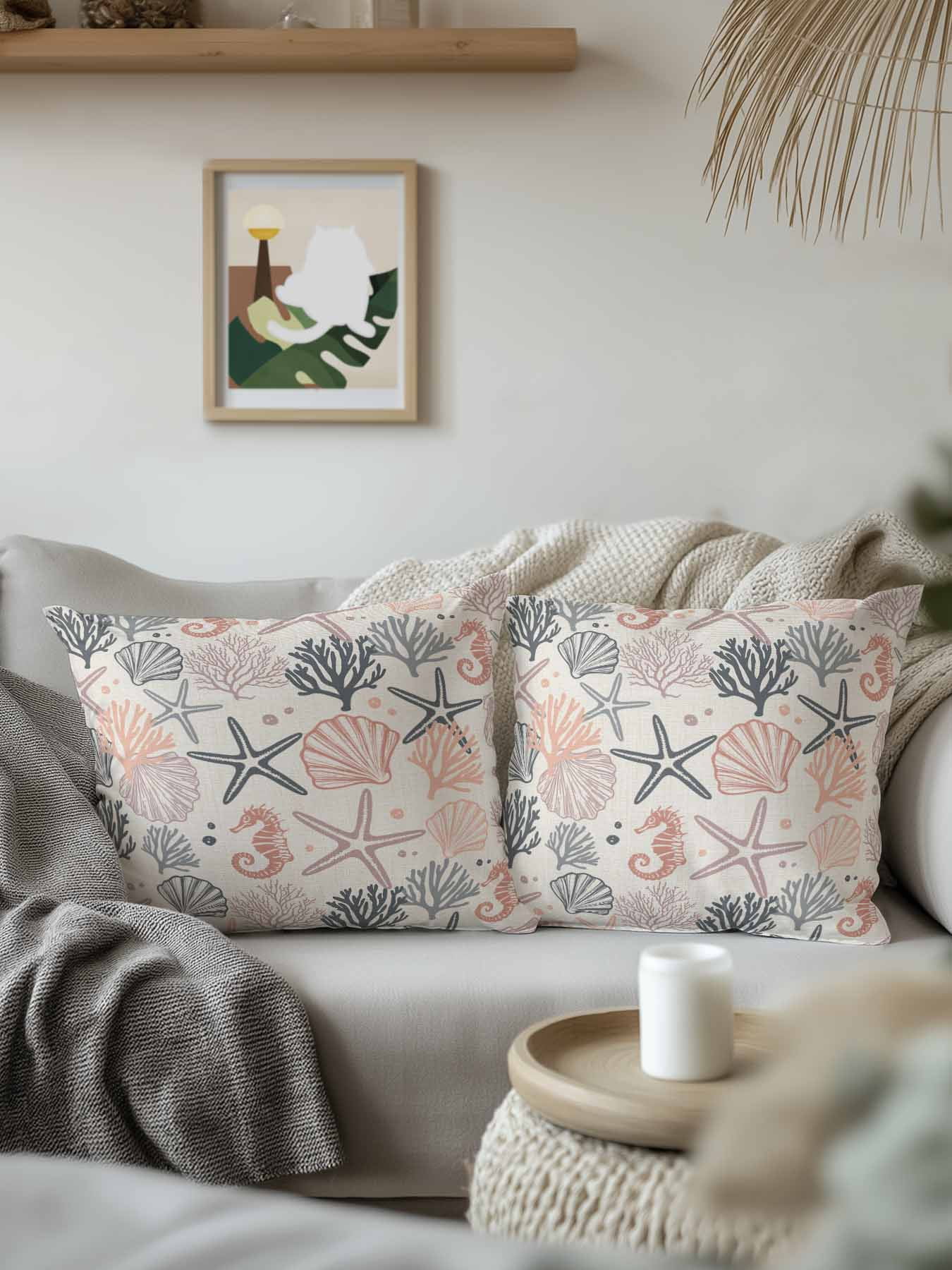 Waterproof Outdoor Throw Pillows with Inserts 16"x16",Coral Pink Grey Coastal Soft Decorative Pillowcases for Bedroom,Summer Beach Starfish Coral Nautical Rustic Pillow Covers for Sofa Living Room