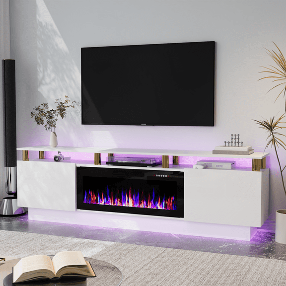 80" Modern Fireplace TV Stand with 36" Electric Fireplace for TVs Up to 90 inch, Luxury LED Light Entertainment Center with High Gloss Cabinet, TV Consoles for Living Room
