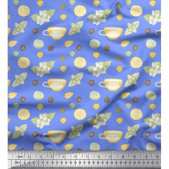 Soimoi Blue Cotton Duck Fabric Floral,Tea Cup & Lemon Slice Vegetable Printed Craft Fabric by the Yard 56 Inch Wide