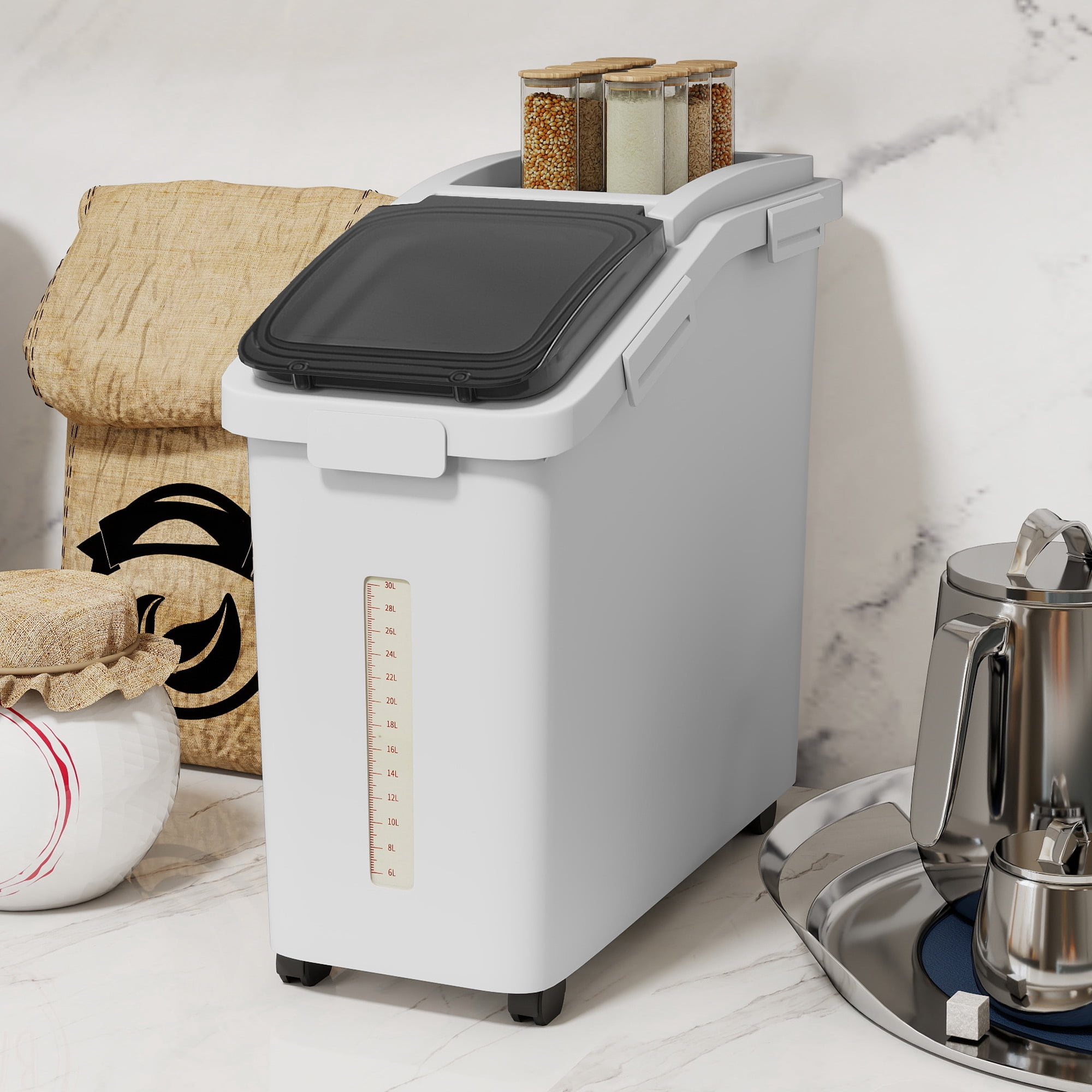 Uforic 11.4 Gal Large Ingredient Storage Bin, 90lb/50L Bulk Rice Flour Storage Container, 280 Cups Capacity Bin with Wheels, Lid, Scoop and Built-in Scale, Kitchen Dry Food Storage Bin, White