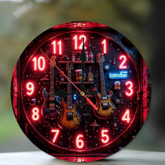 Neon Clock Guitar Music Bar Decor Wall Art 10-Inch Silent Wooden Wall Clock, Battery Operated (AA Batteries Not Included), Artistic Home Decor
