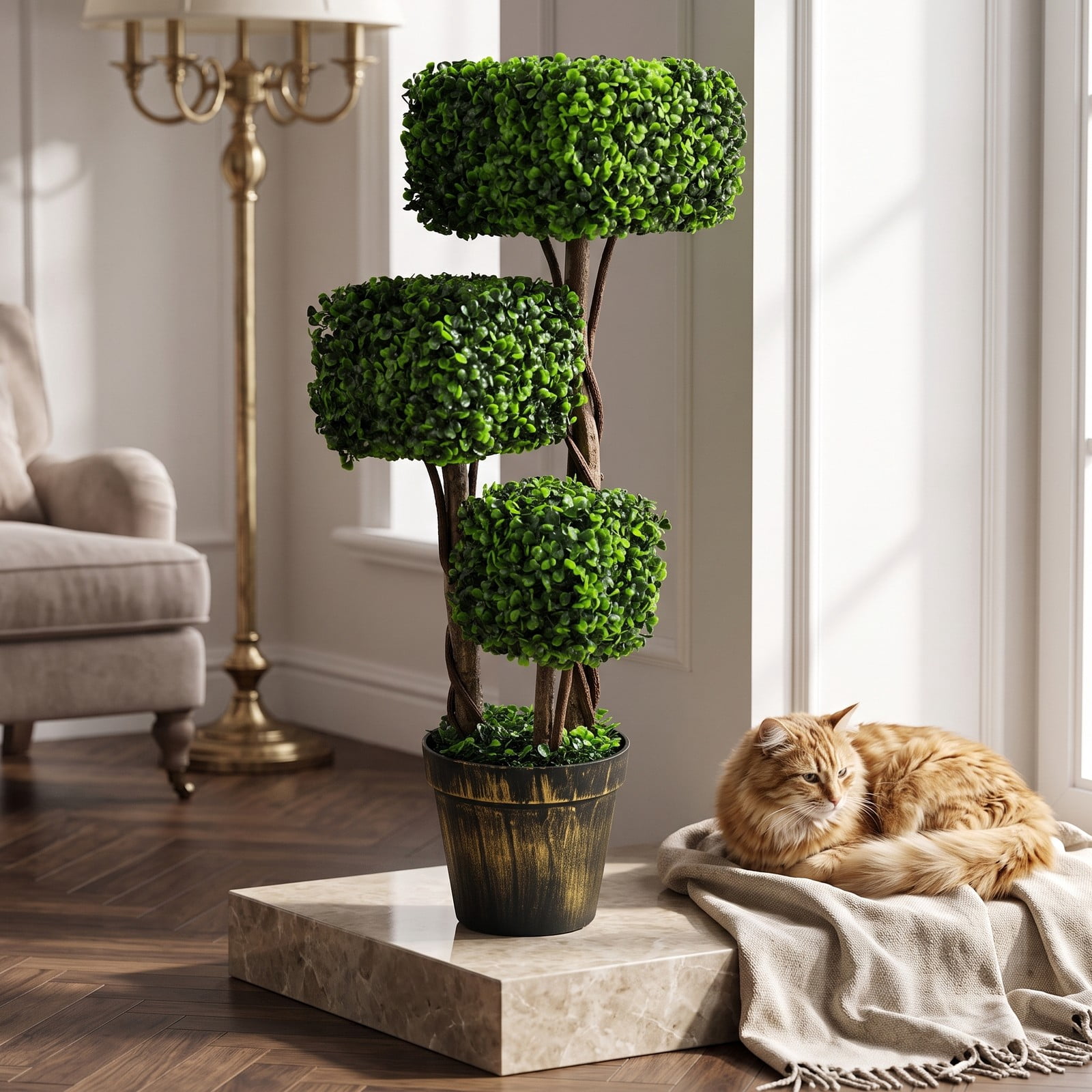 ALPULON 36 Inch Artificial Boxwood Topiary Tree, UV Protected Faux Boxwood Ball Plant with Cement Base for Indoor Outdoor Home Office Porch Patio Garden Decor, Green