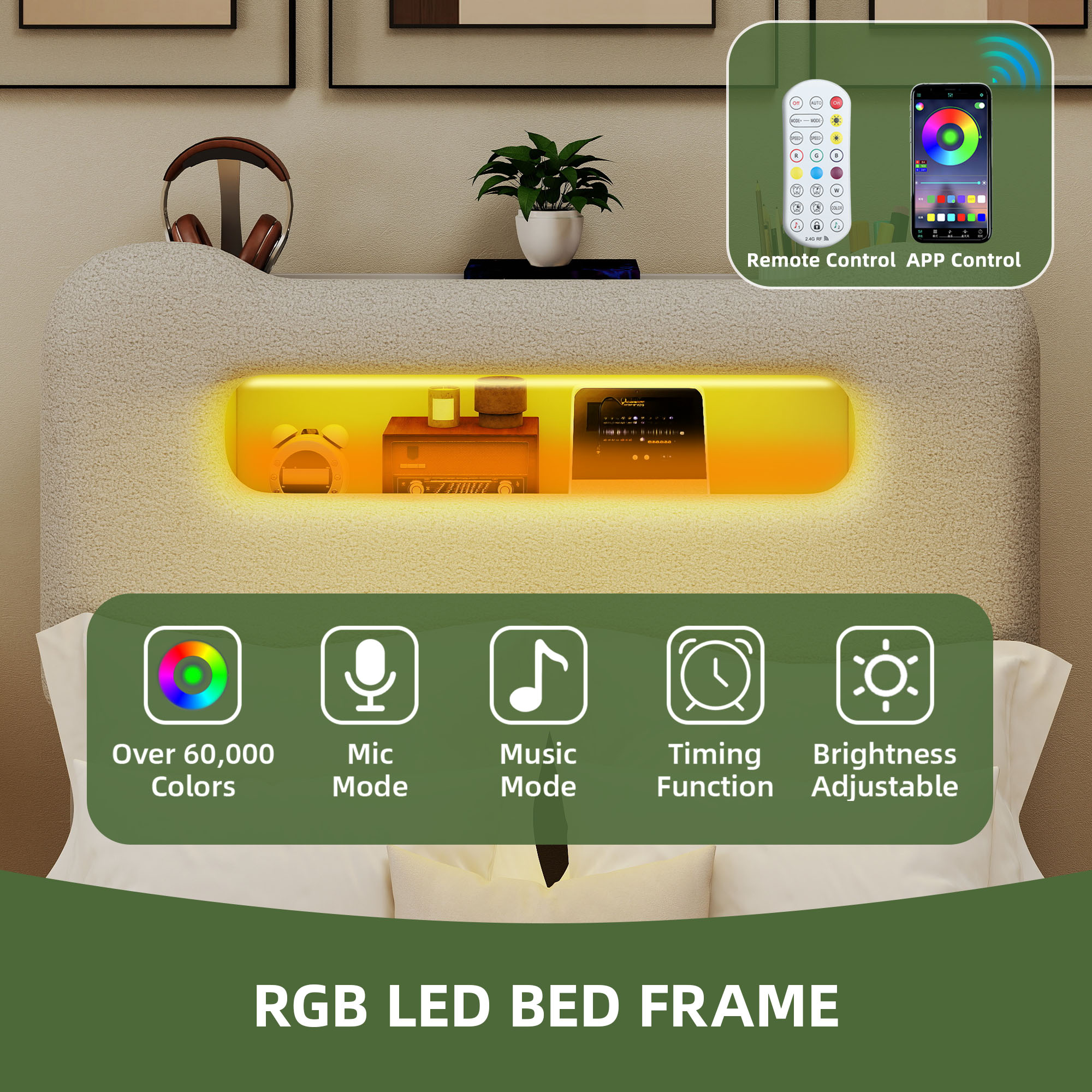Uforic Twin Bed Frame with LED Headboard, Charging Ports, Storage Shelf, Boucle Upholstery, No Box Spring Needed, Cream