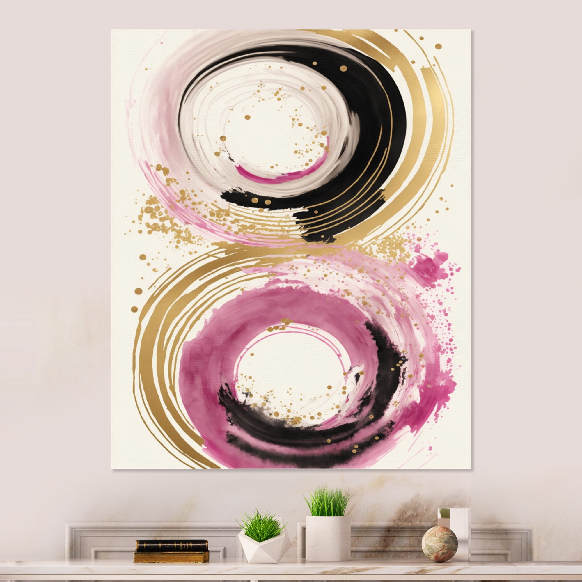 Designart Pink And Gold Curves I Canvas Wall Art